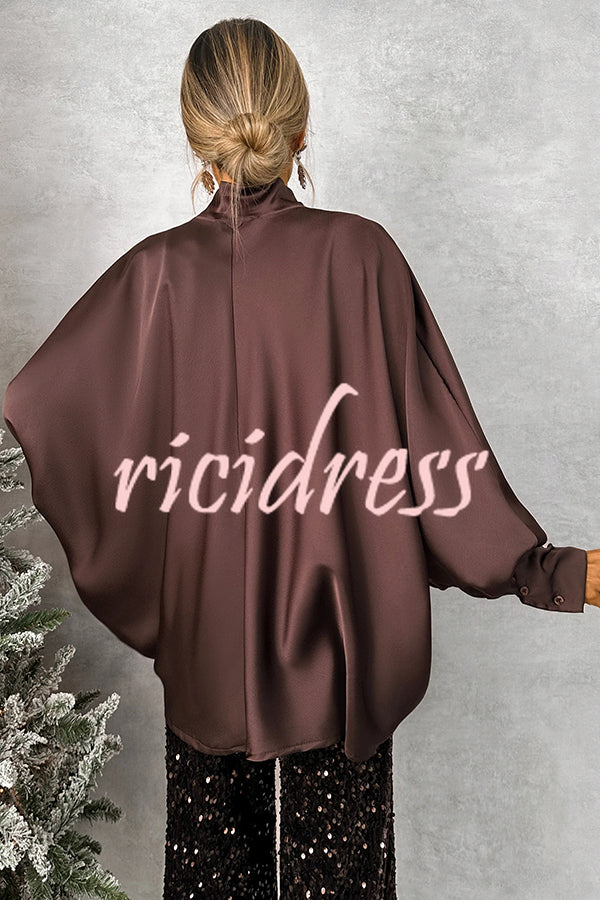 Chic and Merry Satin Bow Neck Batwing Sleeve Loose-fitting Blouse