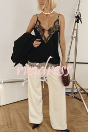 Versatile and Elegant Items Lace Petal Trim Cutout V-neck Slip Loose Tank