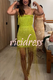Sparkle Night Beaded Sequined Tassel Slip Midi Dress