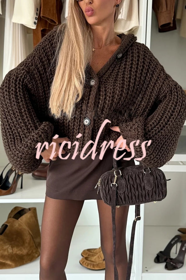 Warm Day Knit Button Up Long Balloon Sleeve Hooded Loose Cardigan