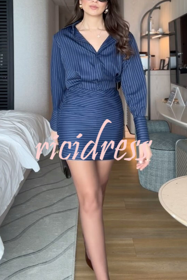 Simple and Sexy Stripe Print Long Sleeve Ruched Hem Shirt Mini Dress