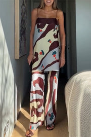 Loving Views Satin Unique Print a-line Tank and Elastic Waist Loose Pants Set