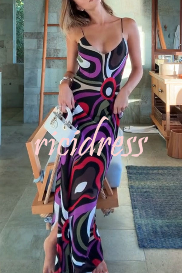 Love in Venice Unique Print V-neck Slit Slip Maxi Dress
