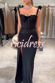 Sexy Grace Magic Lace Corset Bow Design Ruched Hip Slit Maxi Dress