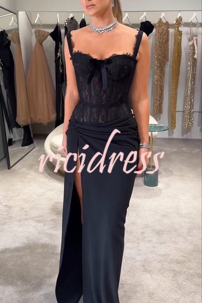 Sexy Grace Magic Lace Corset Bow Design Ruched Hip Slit Maxi Dress