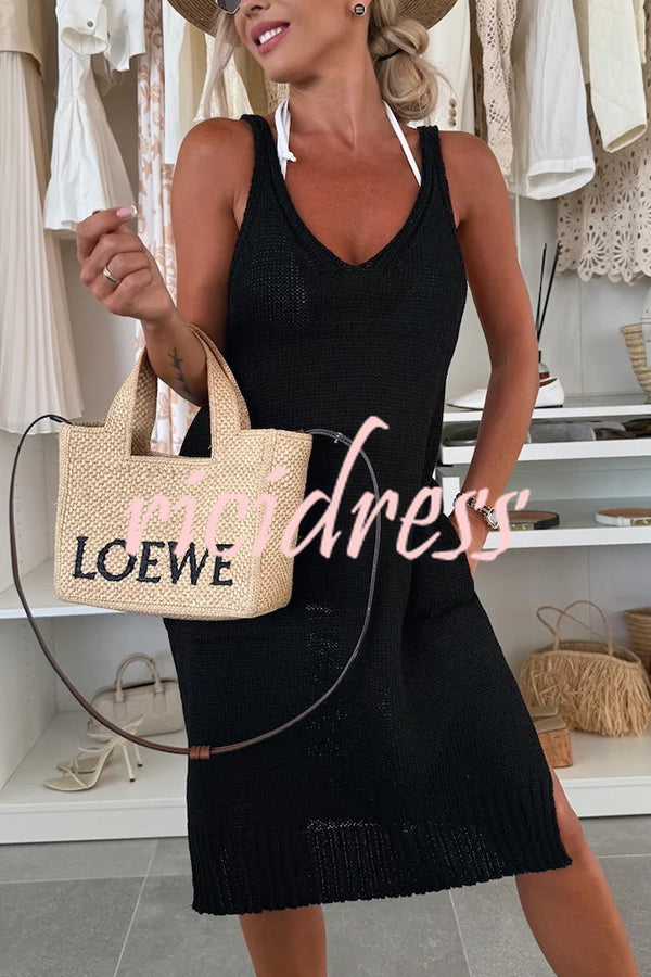 Solid Color V-Neck Sleeveless Casual Pocket Knitted Midi Dress