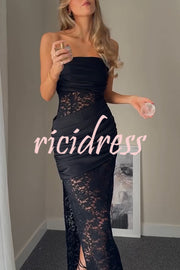 Dulcie Lace and Satin Patchwork Asymmetrical Pleats Bandeau Maxi Dress