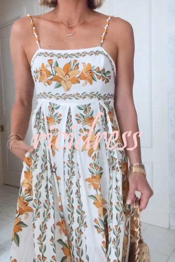 Summer Dreamer Linen Blend Unique Print Beaded Straps Pocketed Maxi Dress
