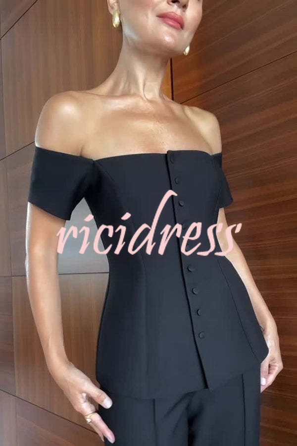 Solid Color Off-the-shoulder Single-breasted Top and Casual Pocket Straight-leg Pants Set