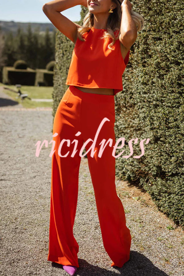 Modern and Elegant Solid Crop Tank and High Rise Flare Loose Pants Set