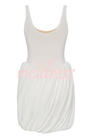 Inspiring Allure Puffy Pleated Draped Trim Tank Stretch Mini Dress