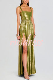 Artistic Quality Metallic Pleated Fabric Removable Straps Slit Maxi Dress