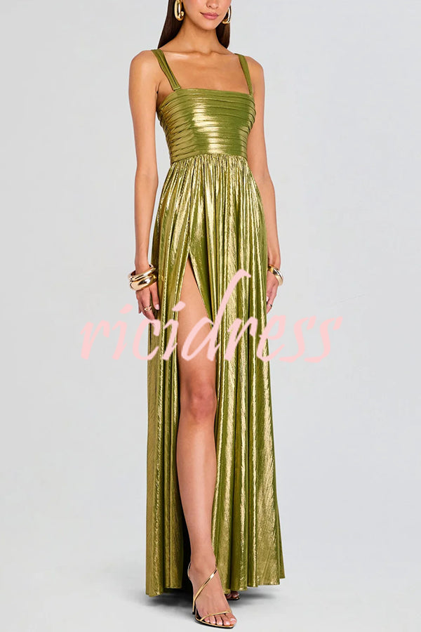 Artistic Quality Metallic Pleated Fabric Removable Straps Slit Maxi Dress