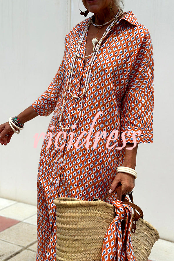 Summer Splendor Printed Button Half Sleeve Belt Loose Shirt Midi Dress