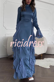 Cline Solid Color High Neck Long Sleeve Elegant Ruffles Maxi Dress