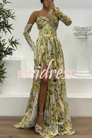 Reina Chiffon Floral Print Pleated Bodice Split Sleeve Strapless Slit Maxi Dress