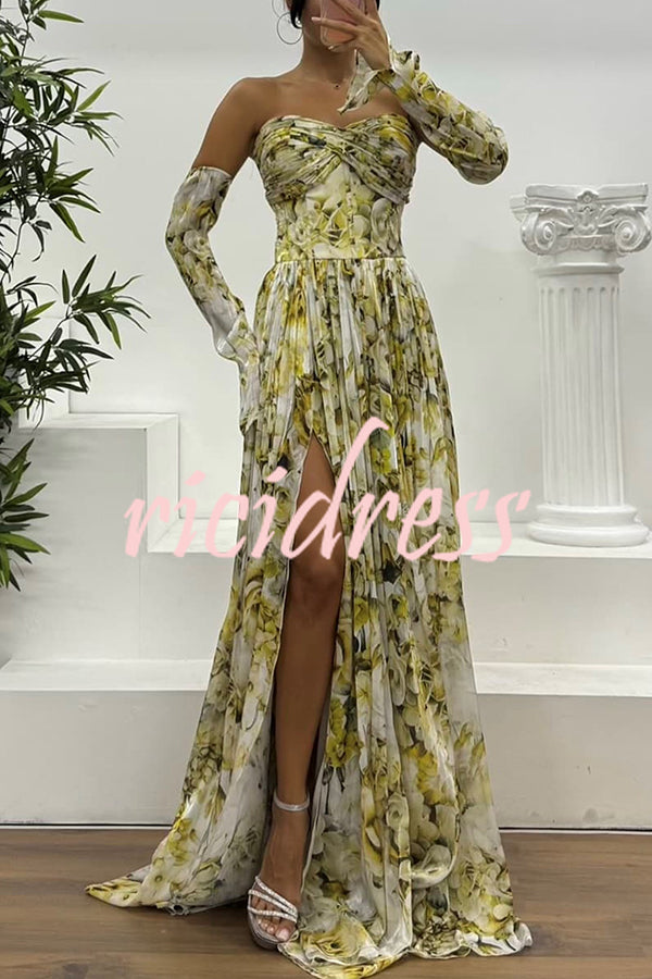 Reina Chiffon Floral Print Pleated Bodice Split Sleeve Strapless Slit Maxi Dress