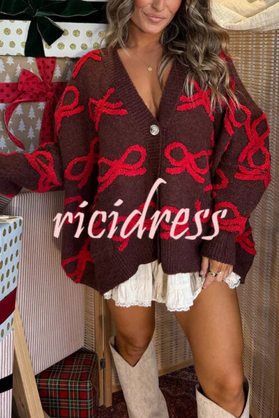 Santa Baby Knit Bow Color Block Button Up Long Sleeve Oversized Fit Cardigan
