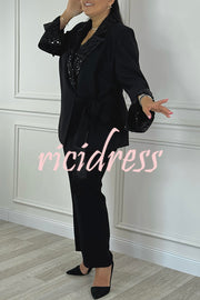 Social Time Embroidered Sequin Patchwork Tassel Belt Detail Lapel Party Blazer