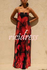 For Every Occasion Satin Pleated Floral Print V-wire Bandeau Neck Maxi Dress