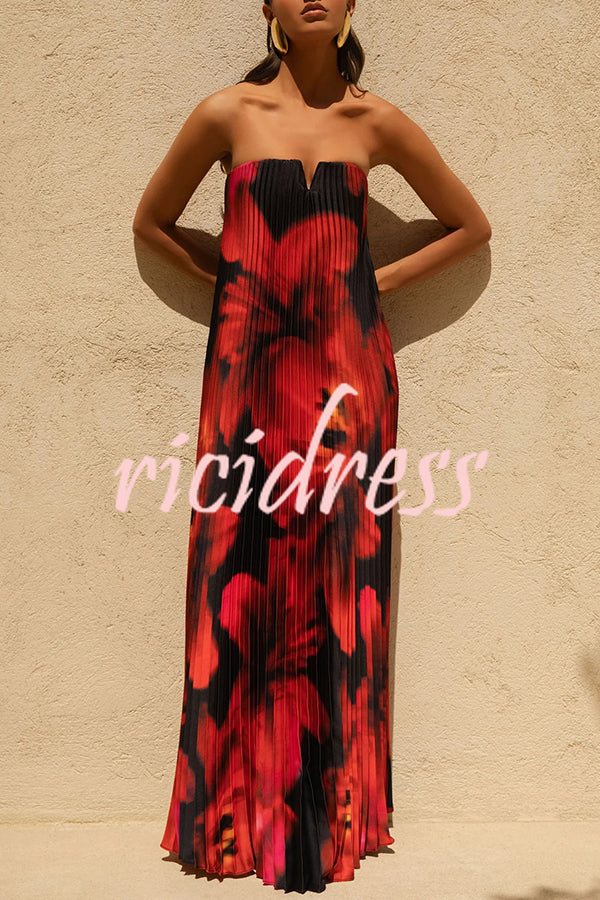 For Every Occasion Satin Pleated Floral Print V-wire Bandeau Neck Maxi Dress