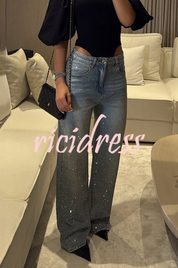 Fashion Star Rhinestone High Rise Casual Pocket Straight Loose Jeans