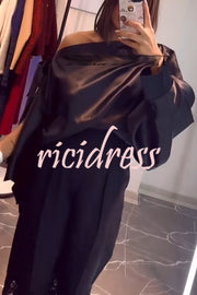 Chic Moment Satin Irregular Knot Slit Sleeve One Shoulder Loose Blouse
