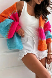 Fashionable Contrast Color Stitching Casual Knitted Cardigan