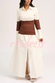 Fashionable Pleated Contrast Patchwork Waist Long Sleeve Button Shirt Maxi Dress