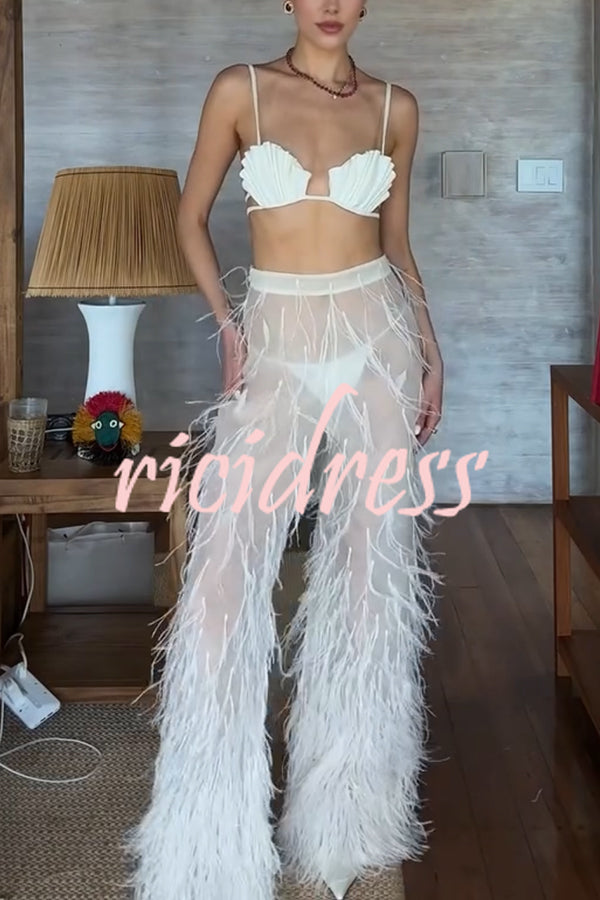 Braylie Sheer Tulle Tiered Feather Trim High Rise Wide Leg Pants