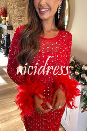 Sexy Long Sleeve Round Neck Feather Edge Rhinestone Decoration Slim Fit Maxi Dress