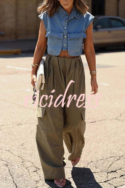 Great Week Pleated Elastic Waist Zipper Pocket Wide Leg Cargo Pants
