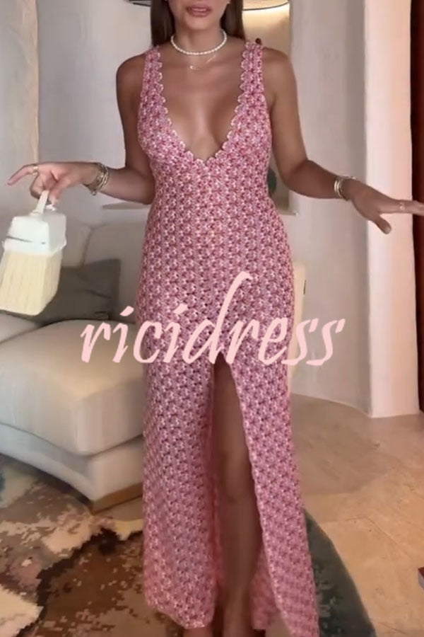 So Beachy Texture Print U-neck Wide Strap Slit Stretch Maxi Dress