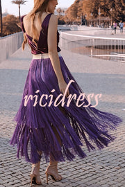 Elegant Tassel Hem Elastic Waist Casual Maxi Skirt