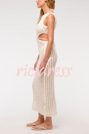 Beach Day Crochet Knit Cutout Waist Coverup Stretch Maxi Dress