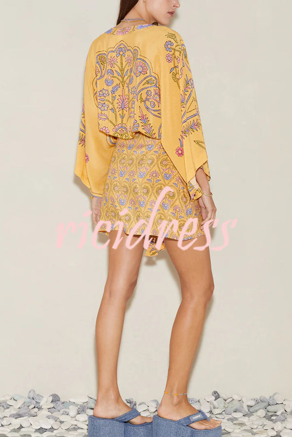 Mumbai's Flower Unique Print Batwing Sleeve Wrap Tie-up Boho Mini Dress