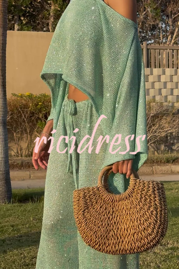 Vacation Knit Shiny Fabric Batwing Sleeve Cape Top and Cover-up Elastic Waist Loose Pants Set