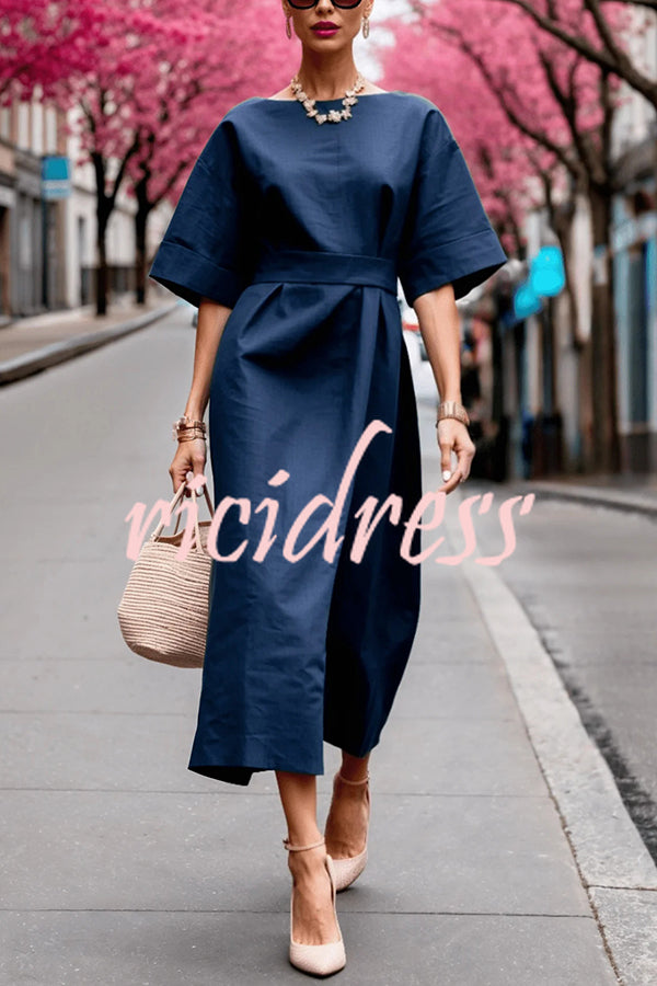 Solid Color Round Neck Half Sleeve Casual Waist Midi Dress