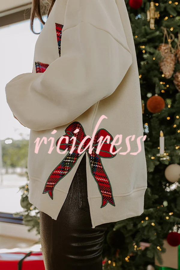 Merry Plaid Embroidered Bow Long-Sleeve Loose Sweatshirt
