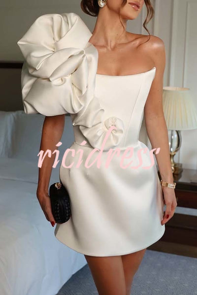 Luxe Style Satin Peony Flower Decor Strapless Party Mini Dress