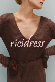 Solid Color V-neck Long-sleeved Slim-fit Elegant Knit Maxi Dress