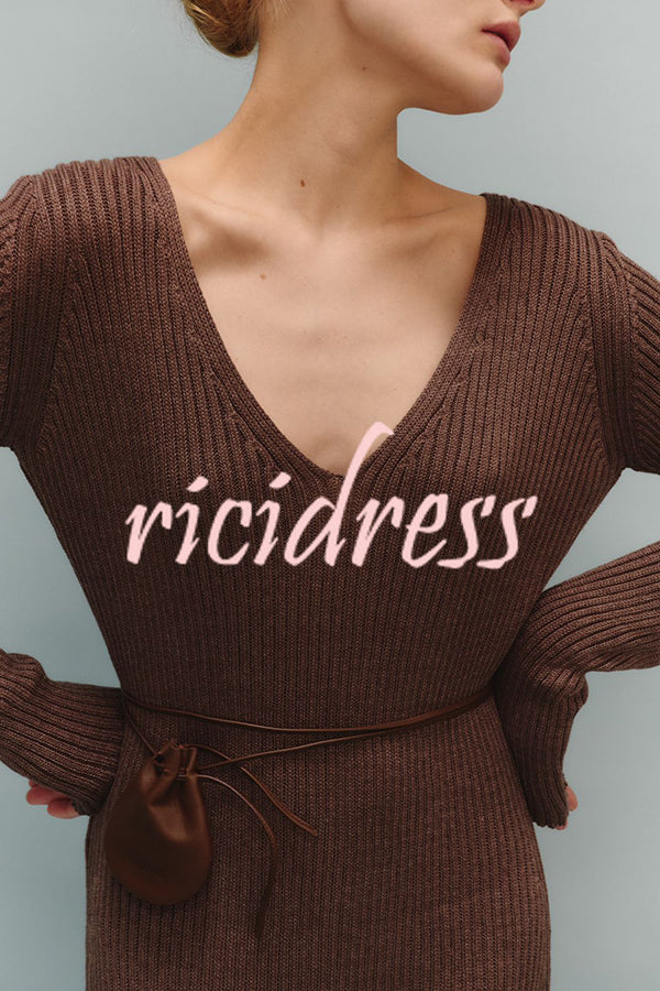 Solid Color V-neck Long-sleeved Slim-fit Elegant Knit Maxi Dress