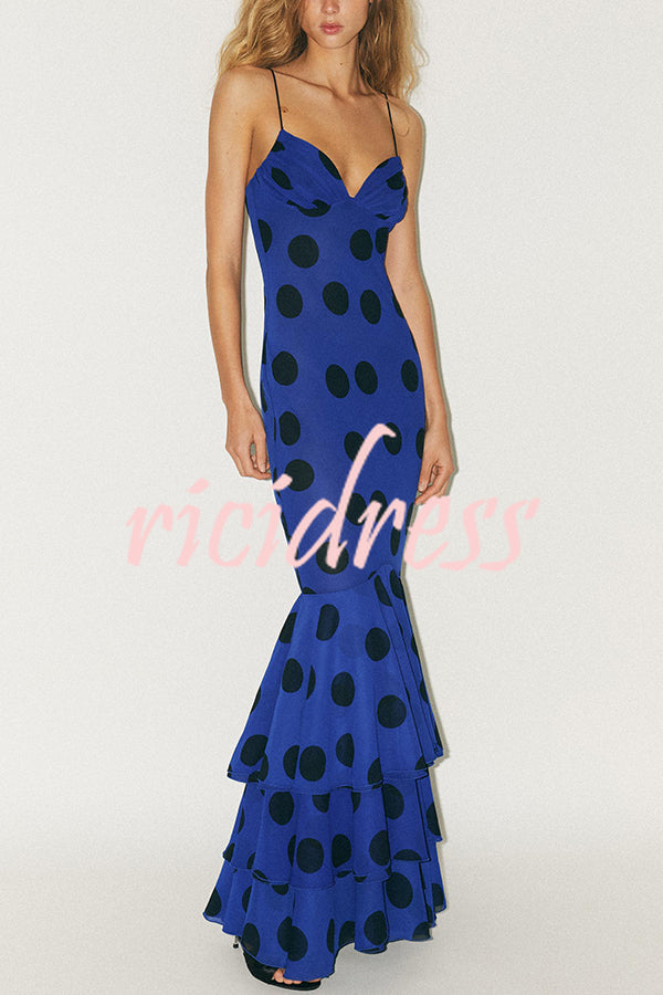 Eliora Mesh Polka Dot Print Gathered Bust Layered Fishtail Hem Maxi Dress