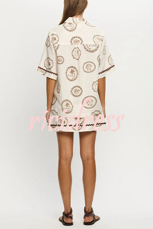Resort Style Print Lapel Short Sleeve Shirt and Casual Mini Skirt Set