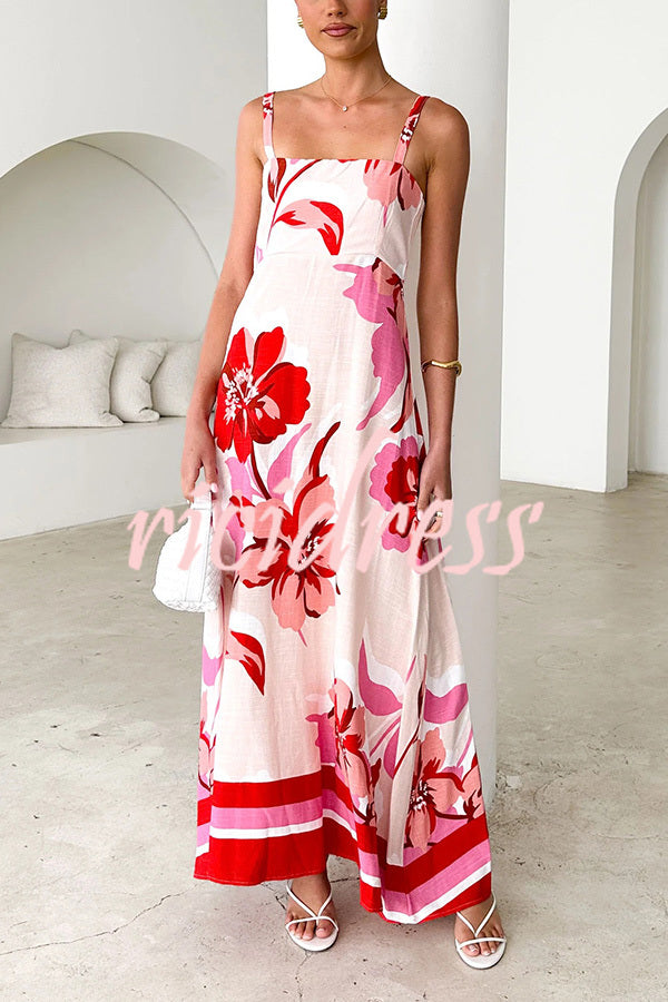 Floral Print Strap Square Neck Large Hem Maxi Dress