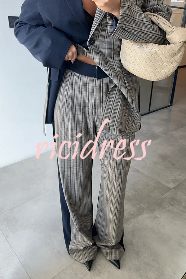 Nayla Plaid Contrast Color Belted Long Sleeve Lapel Blazer and Pocketed Wide Leg Pants Set