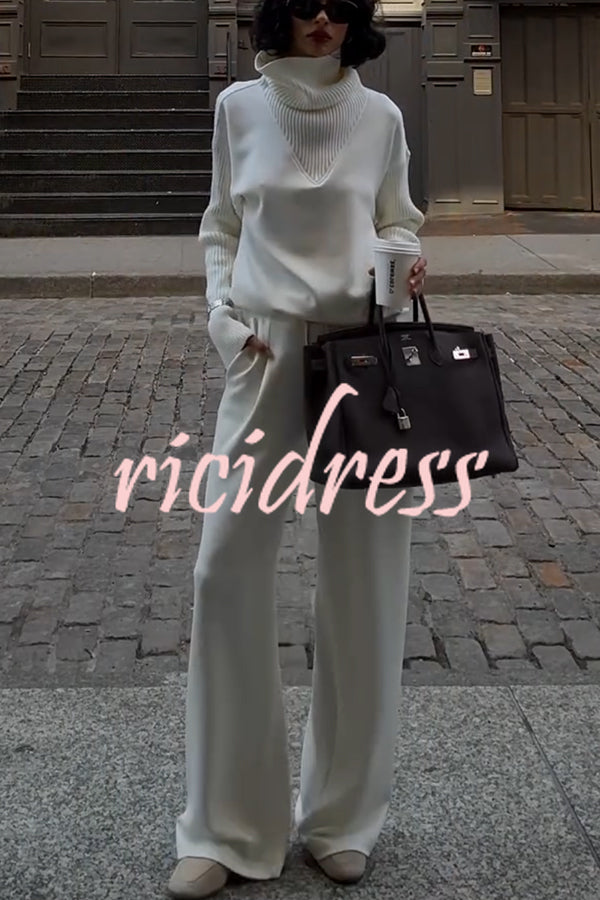 Morning Coffee Walks Ribbed Turtleneck Long Sleeve Sweatshirt and Elastic Waist Pocketed Loose Pants Set