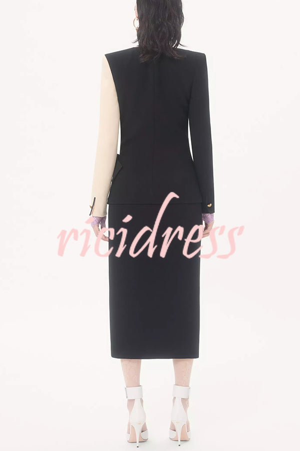 Love Unfolded Contrast Color Side Bow Tie-up Long Sleeve Slit Midi Dress