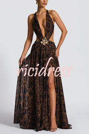 Kinara Leopard Print Deep V-neck Metal Flower Hollow Beads Detail Slit Maxi Dress