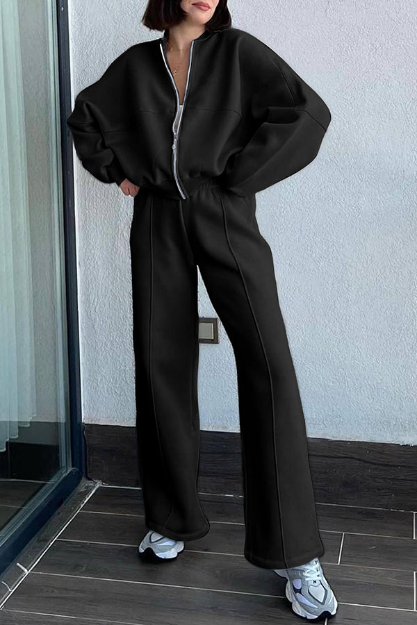 Solid Color Long-sleeved Zip-up Sports Jacket and Casual Elastic Waist Pocket Pants Set